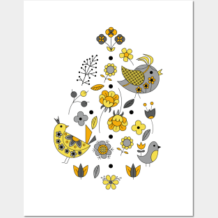 Scandinavian Folklore Yellow and Grey birds Posters and Art